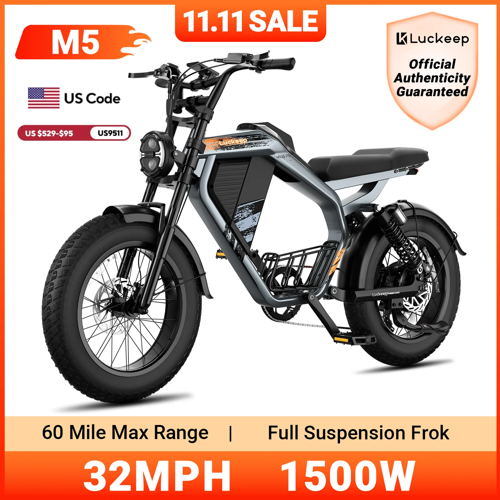 

Электрический велосипед Luckeep M5 для взрослых/подростков, пиковый двигатель 1500 Вт, макс. 32 миль в час, аккумулятор 48 В, 15 Ач, электрический мотоцикл макс. 60 миль