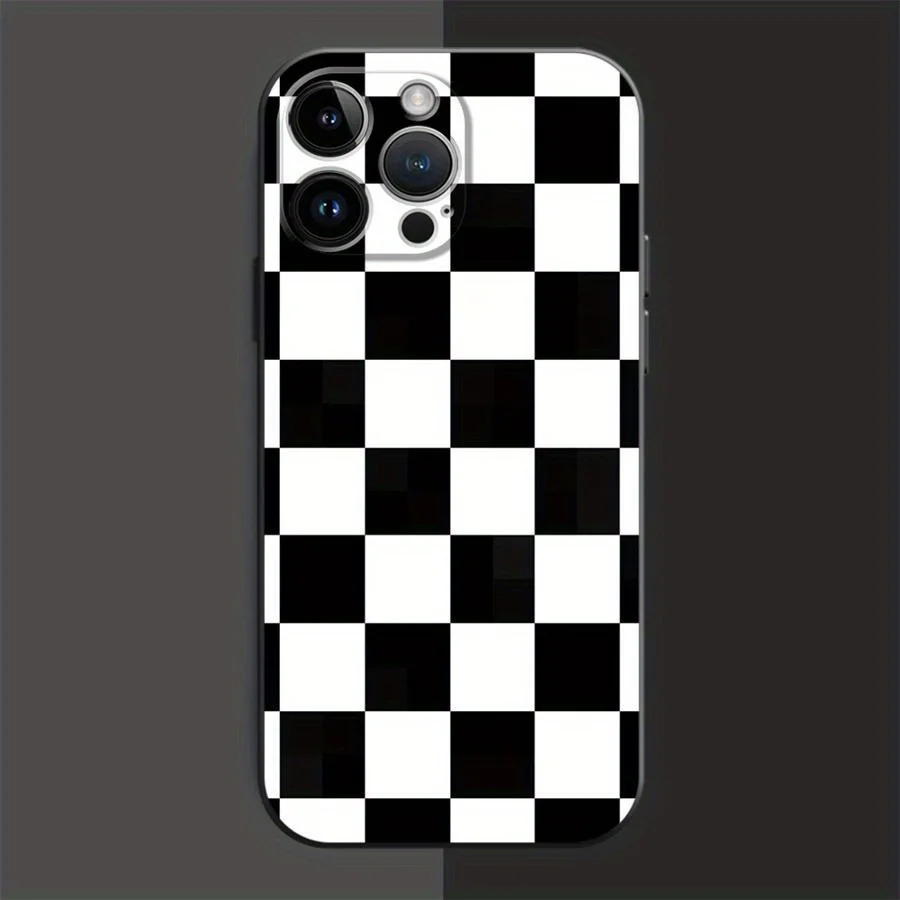 Casing ponsel TPU desain kotak-kotak hitam putih cocok untuk iPhone 17 16 15 14 13 1211 Pro/ Max /Plus, casing lembut matte all-inclusive