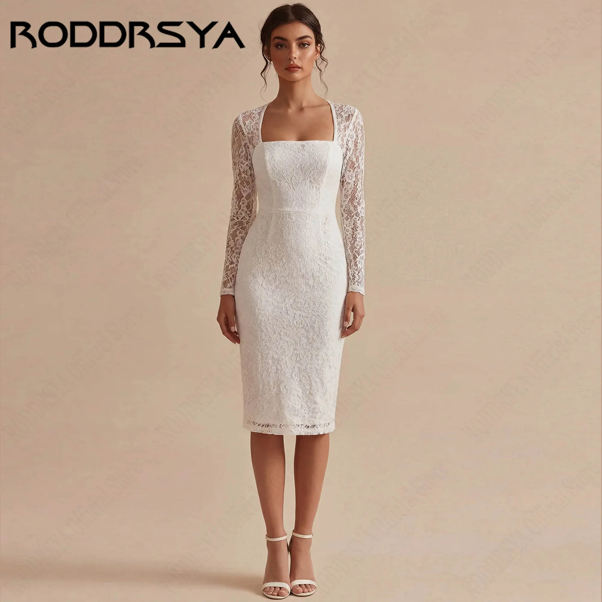 

RODDRSYA Long Sleeve Lace Midi Wedding Dress Elegant Mermaid Square Neck Bridal Party Gowns vestidos de novia Civil Customized