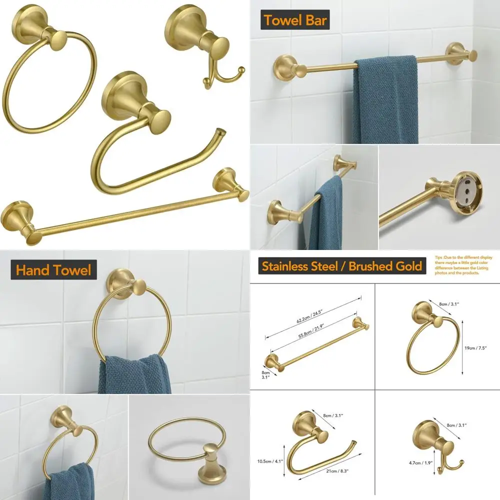 

Brushed Gold Bathroom Accessory Set: Wall Mounted Single Bar, Ring, Holder, Double Hooks for Towels and Tissue