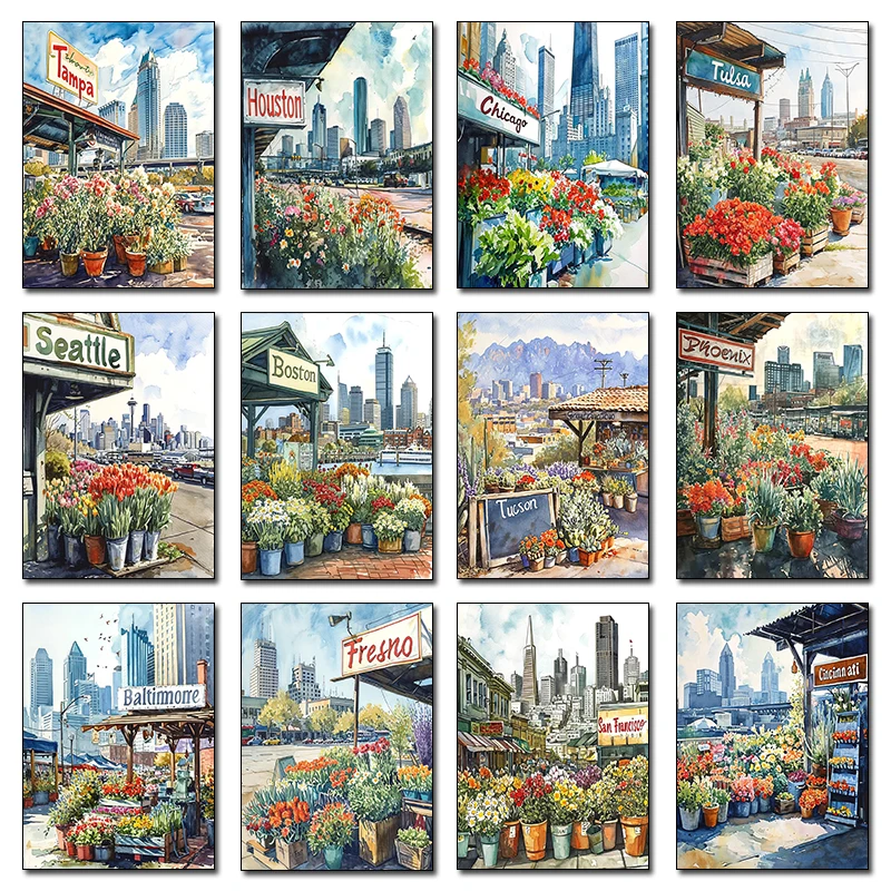 Póster de tiendas de flores clásicas en ciudades de todo el mundo, pintura artística de diamantes, impresión de imágenes HD para decoración de pared de la habitación del hogar G