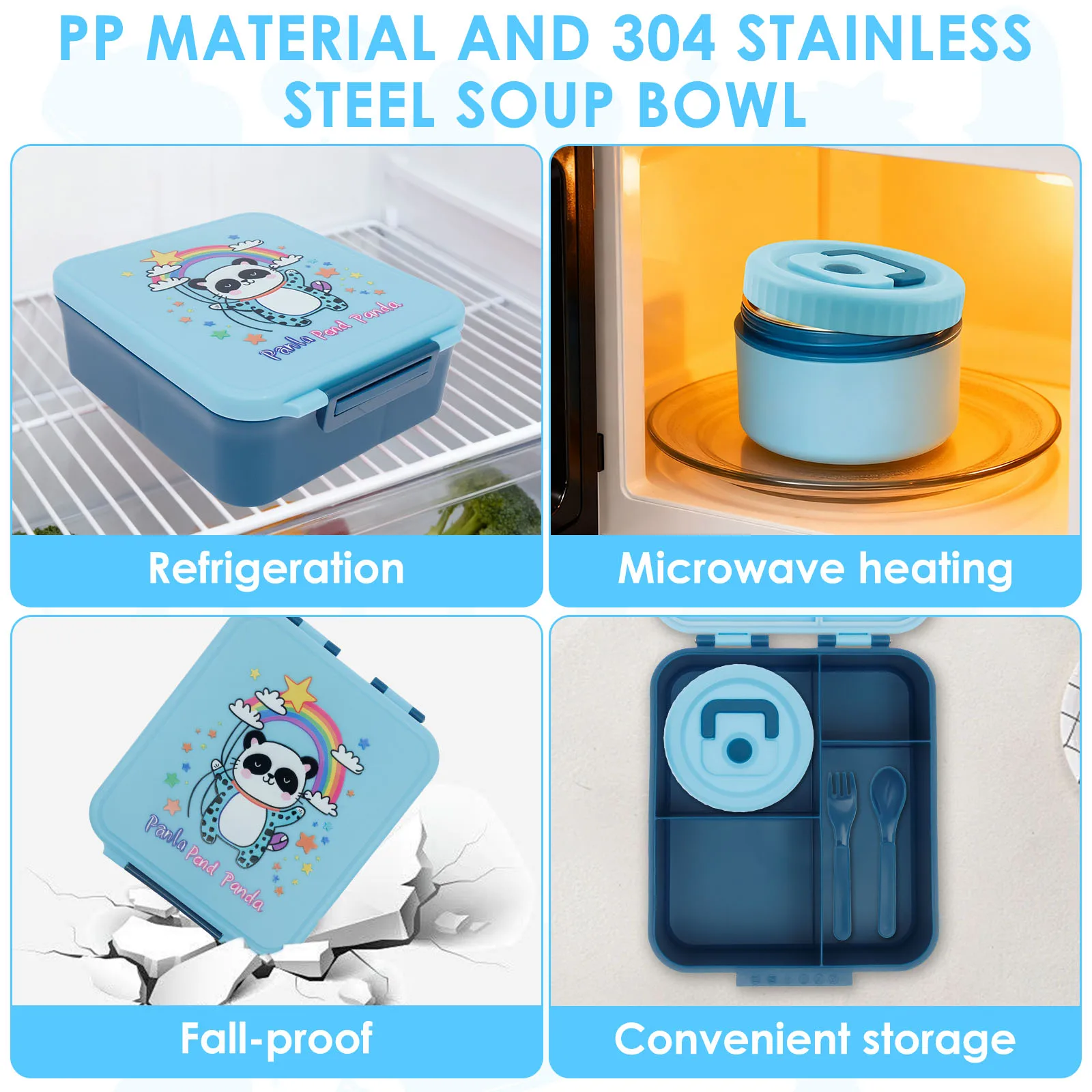 صندوق غداء مكون من أربع حجرات من الفولاذ المقاوم للصدأ، صندوق غداء خارجي مع سكين وعاء الحساء وشوكة مناسبة للأطفال والطلاب