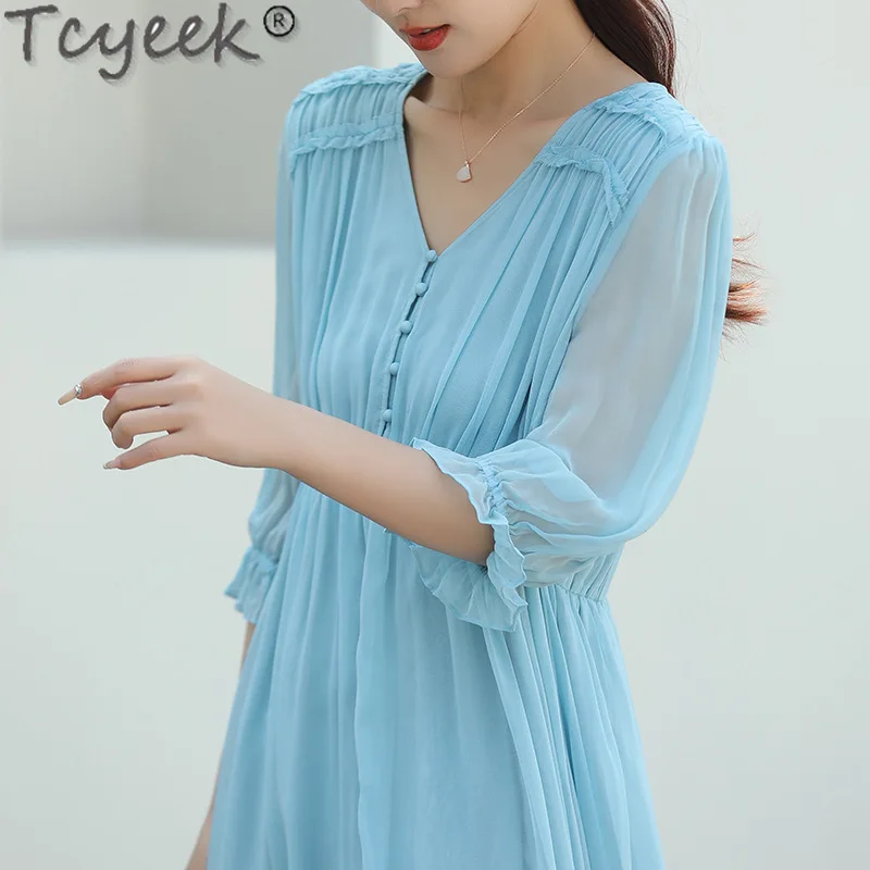 Tcyeek 100% Mulberry Silk Beach Dress Summer Dress Womens Clothing 2024 Blue Real Silk Elegant Dresses for Women Solid Color