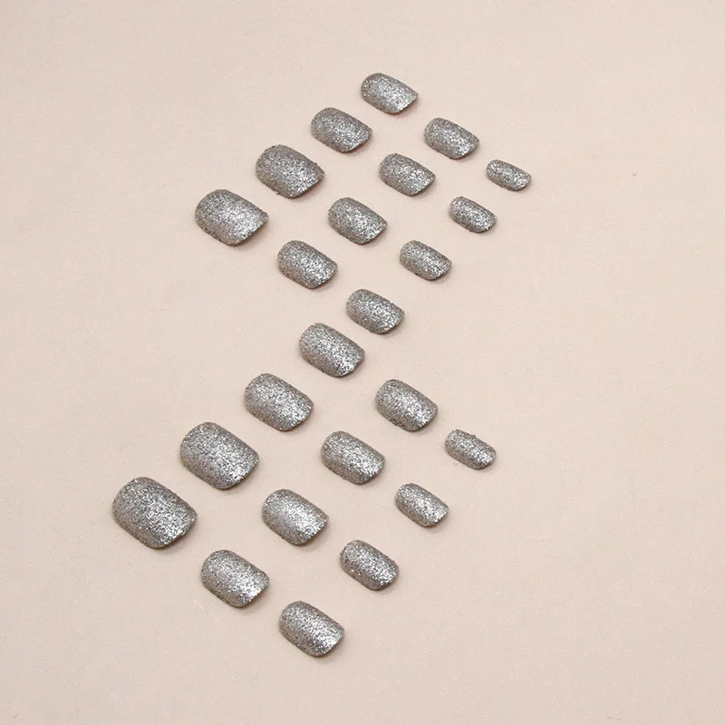 24pcs Silver Glitter Girls Glued Press on Nails Short Self-adhesive False Nails with Glue Square Stick-on Nails with Tools 2026