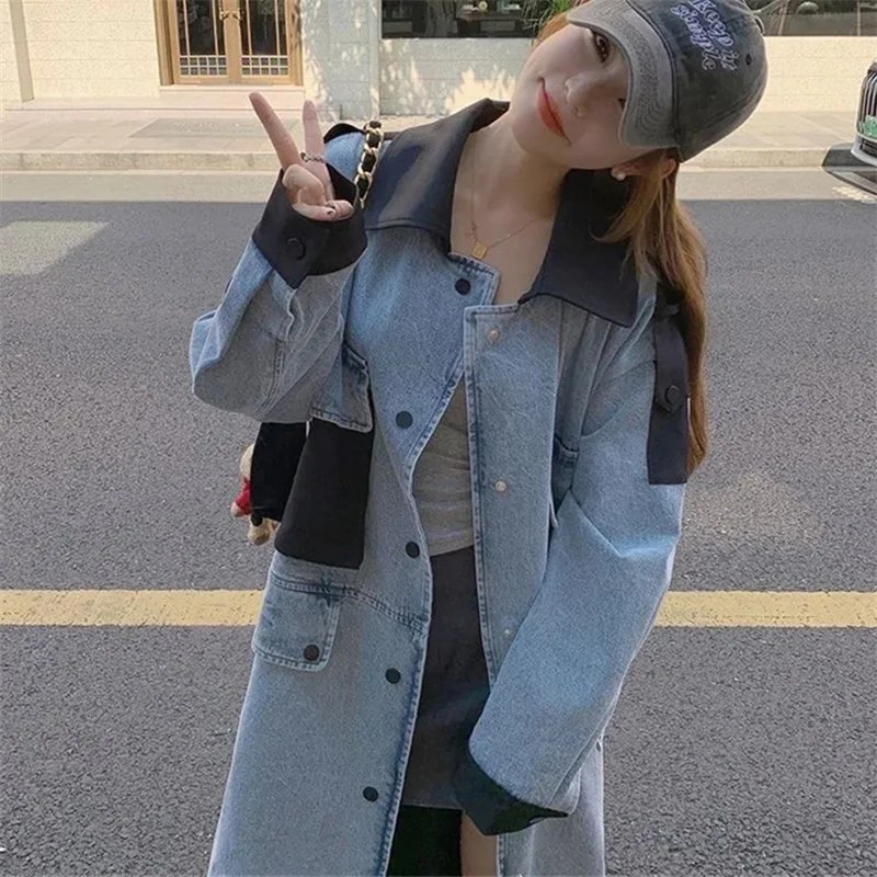 

2026 Spring Autumn Oversize Loose Denim Trench Coat Women's Patchwork Jean Outerwear X-long Windbreaker Safari Style Overcoat