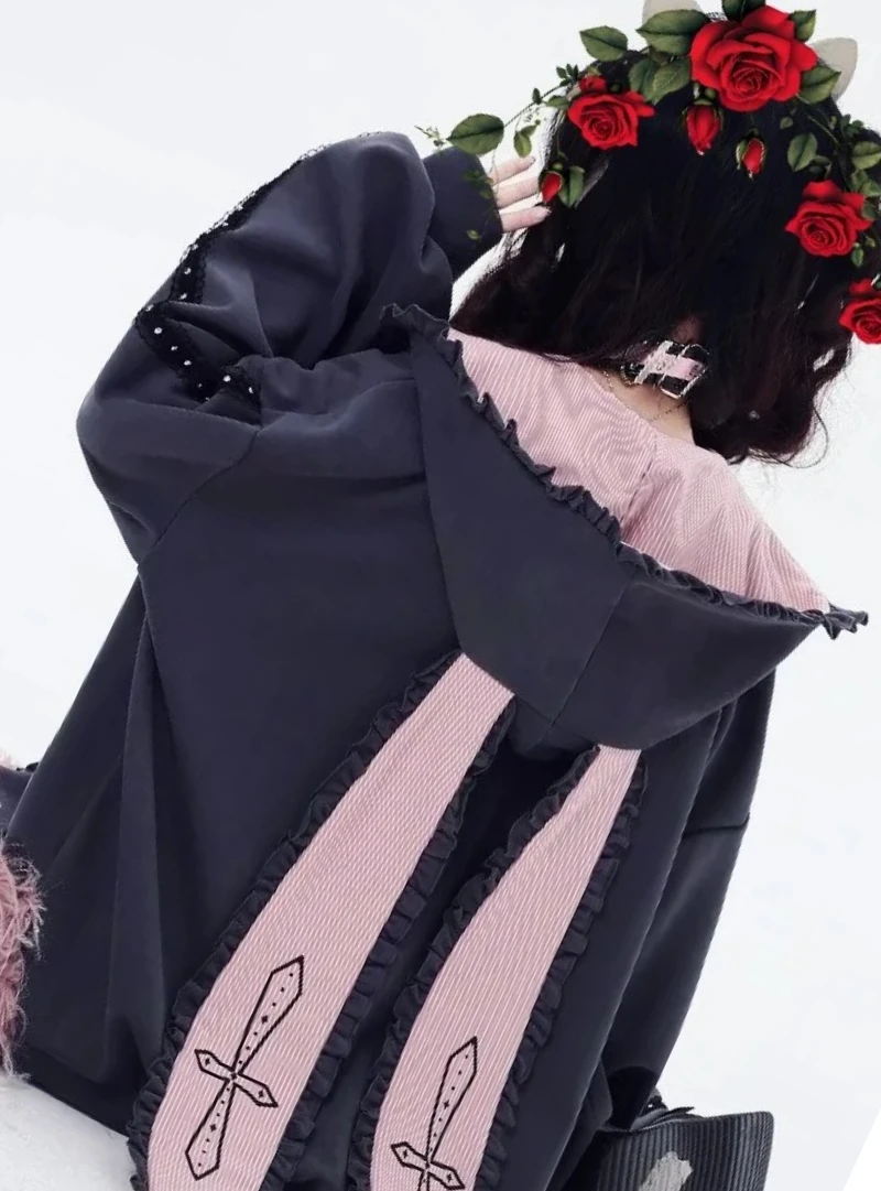 

Striped Rabbit Ear Hooded Design Loose Coat Hoodie Autumn Winter Original Sweet Cool Girls Versatile Casual Zipper Sweatshirt