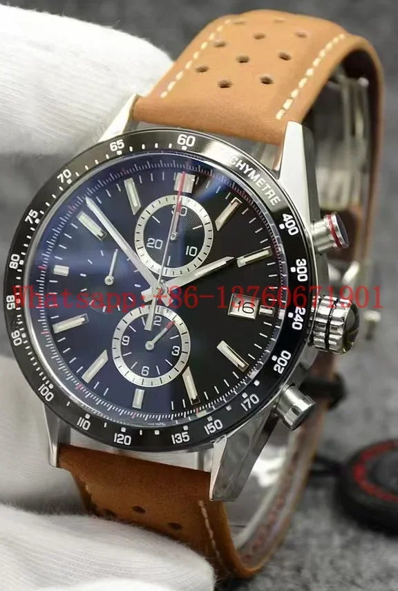 Luxury New Mens Quartz Chronograph Watch Black Blue Ceramic Leather Stopwatch Stainless Steel Luminous Sapphire