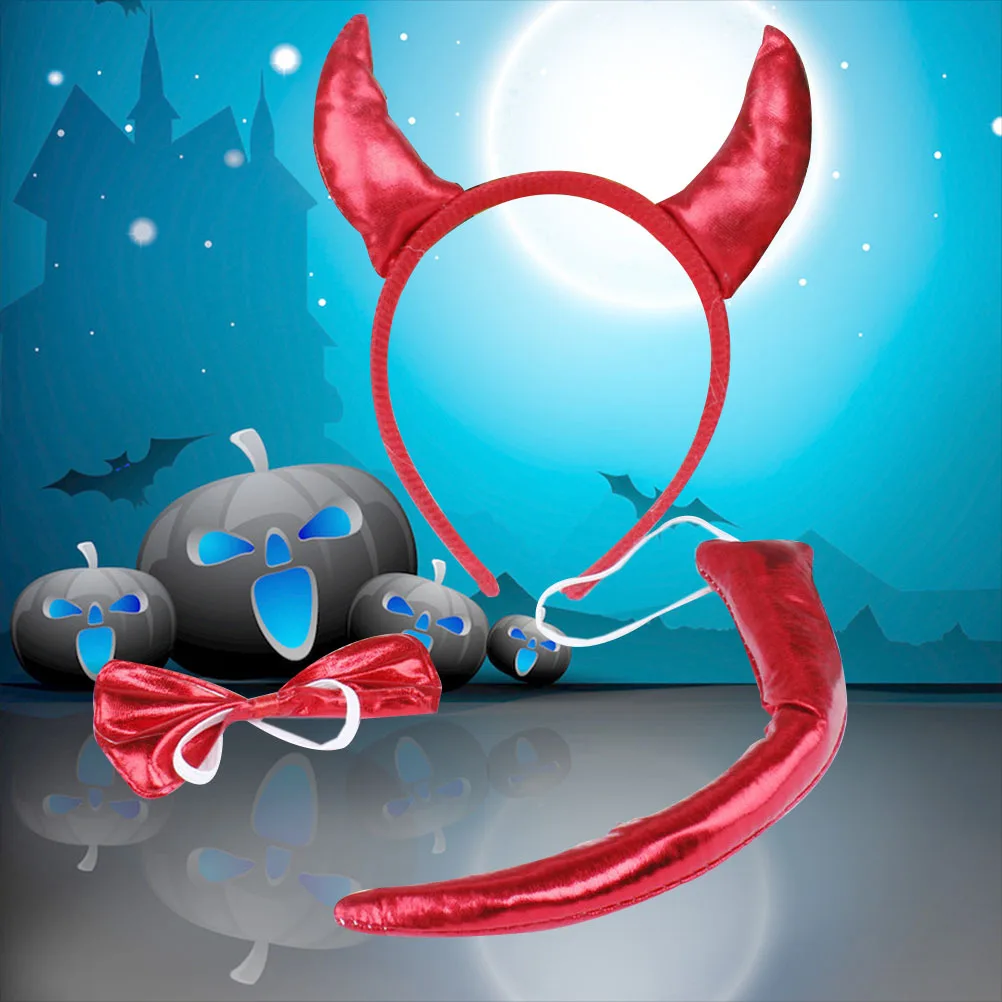 3Pcs Horned Headdress Costume Set Lightweight Halloween Party Tail Bow Kids Adults Cosplay Party Headdress Accessory