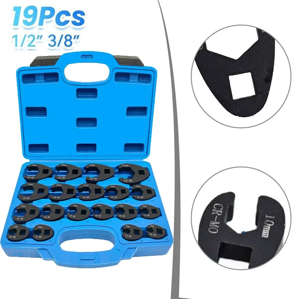 19Pcs Steel Drive Crowfoot Wrench Metric Kits 8-32mm Flare Nut Wrench Set Tools Maximum Torque Rust Resistance Better Leverage