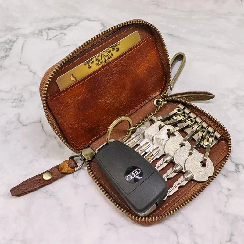 Cartera de cuero genuino para hombre, tarjetero Retro para llaves de coche, monedero Vintage, llavero de piel de vaca, 100%