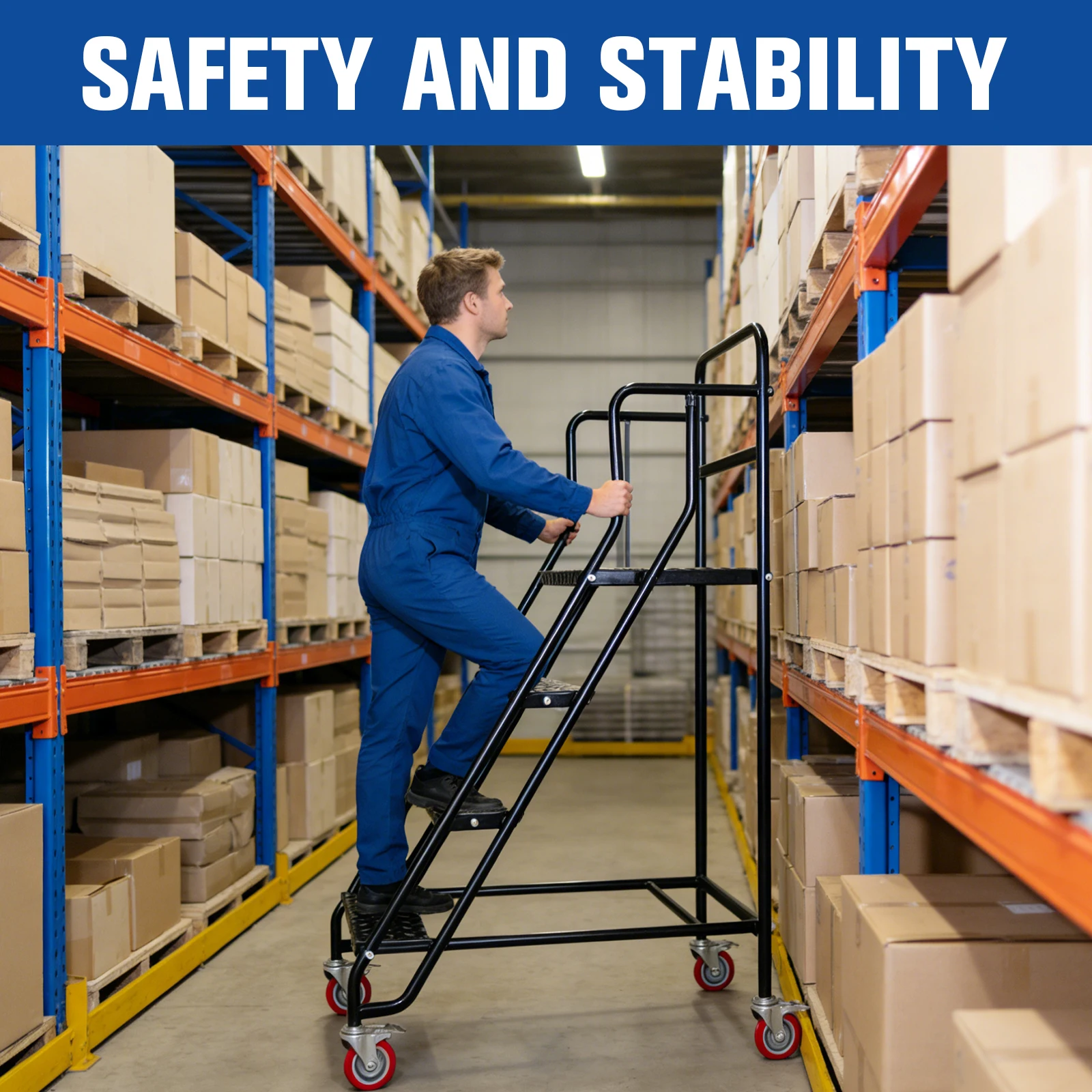 Steel Rolling Industrial & Warehouse Ladder with Wheels Rolling Steps with Handrails 880 LBS Capacity for Supermarket Library