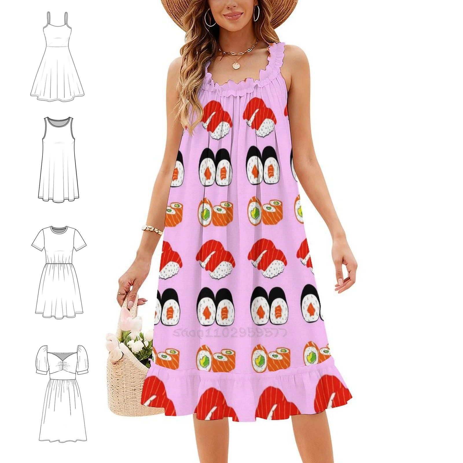 Sushi Women's Hip Hop Streetwear Dress Graphic Print Party Club Wear Sushi Yummy Food Buffet Hungy Pink Evening Dress Women
