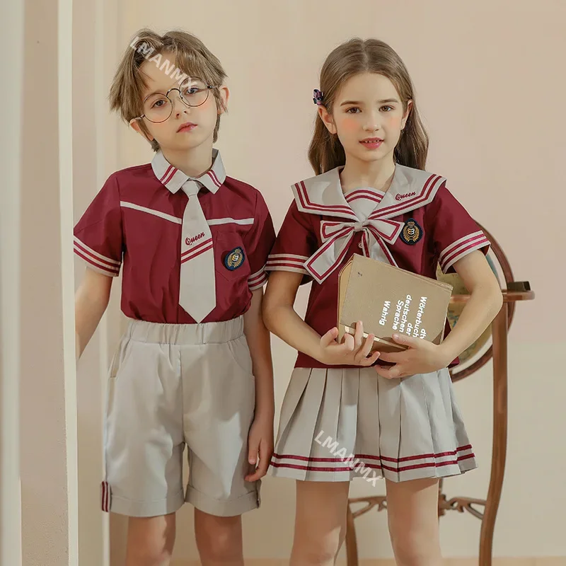 Uniforme scolastica coreana giapponese a righe per bambini per ragazze, ragazzi, colletto alla marinara, maglietta, gonna a pieghe, pantaloncini, vestiti con fiocco, vestito da studente