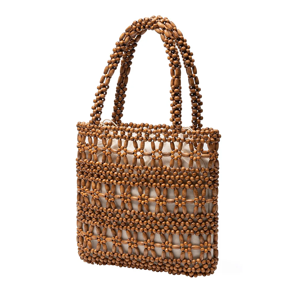 

Handmade Woven Clutch Purses For Women Design Hollow-out Wooden Bead Small Handbag With a Canvas Inner Bag Bucket Bags