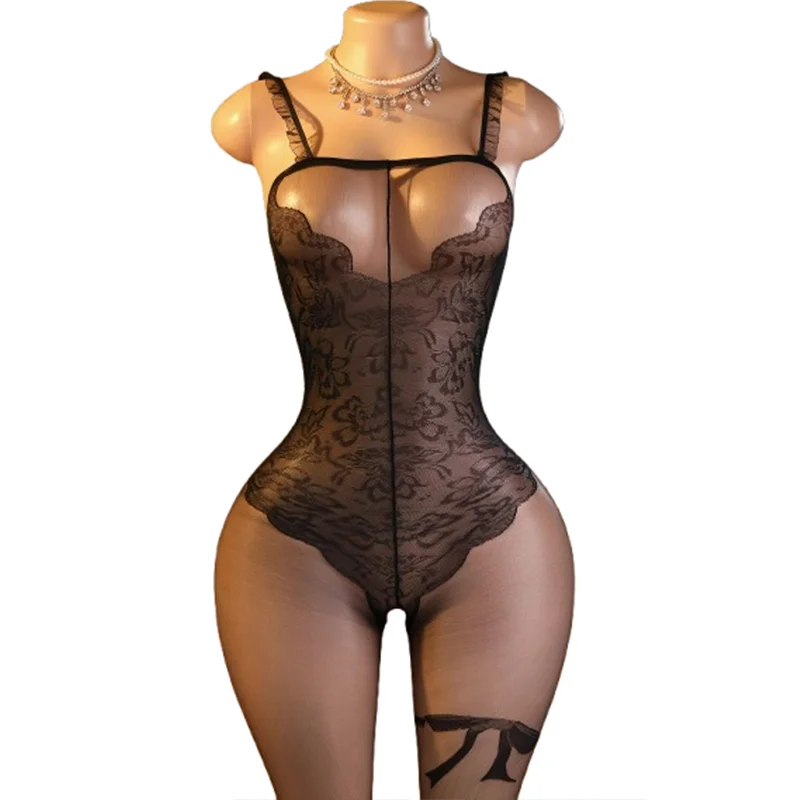 1 x Alluring black lace bodysuit—designed for women—featuring a sheer, cut-out style and an exotic lingerie aesthetic.