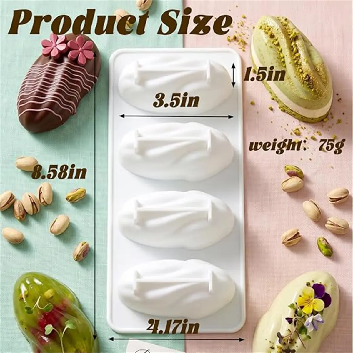 4-Cavity Silicone Pistachio Mold - Food Grade Baking Tray for Chocolate, Mousse Cake & DIY Dessert Black