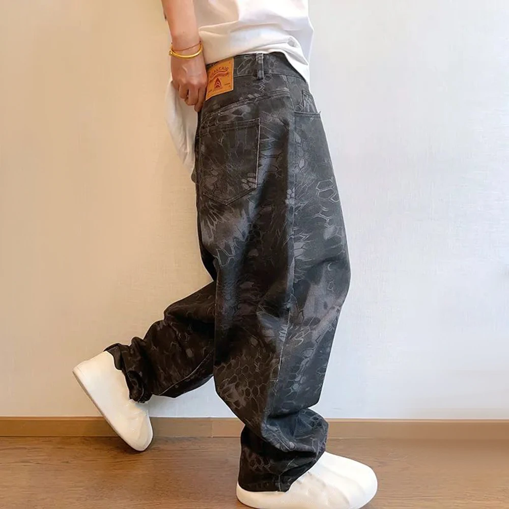 Mens Casual Pants Fashionable Trendy Y2k High Street Hip-Hop Retro Snake Pattern Loose Jeans 2024 Spring And Autumn New Style