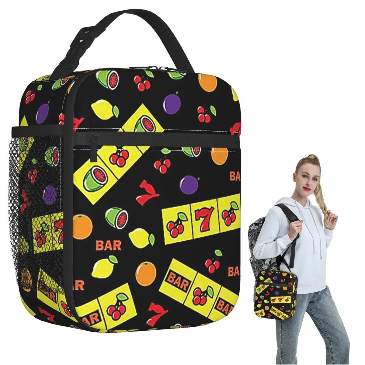 Casino Lucky Slots Cherry Melon Lemon Fruit Insulated Lunch Bag for Women Kids Portable Food Boxes Thermal Lunch Box Tote