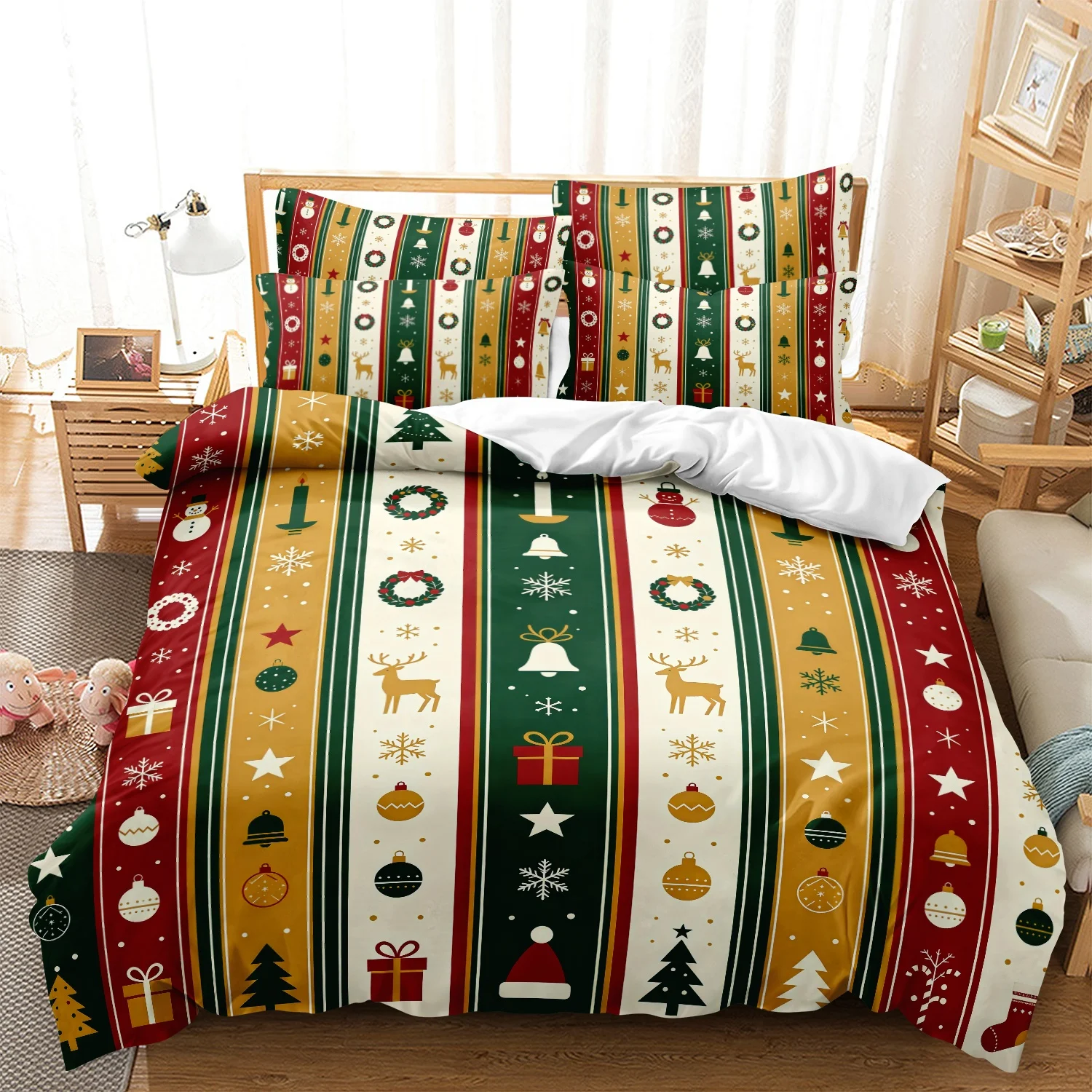 3Pcs Red Green Gol Reindeer Christmas Tree Wreath Bell Gift Snowflake Print Duvet Cover Set, Christmas Vertical Striped Bedding