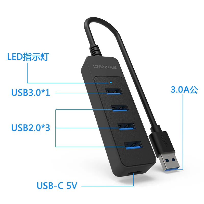 USB 3.0 Hub 4‑Port Splitter 1 Port USB3.0 +3 Ports USB2.0 1.5M Cable With Type‑C Power Supply Port For Laptop PC，Micro USB 0.3m