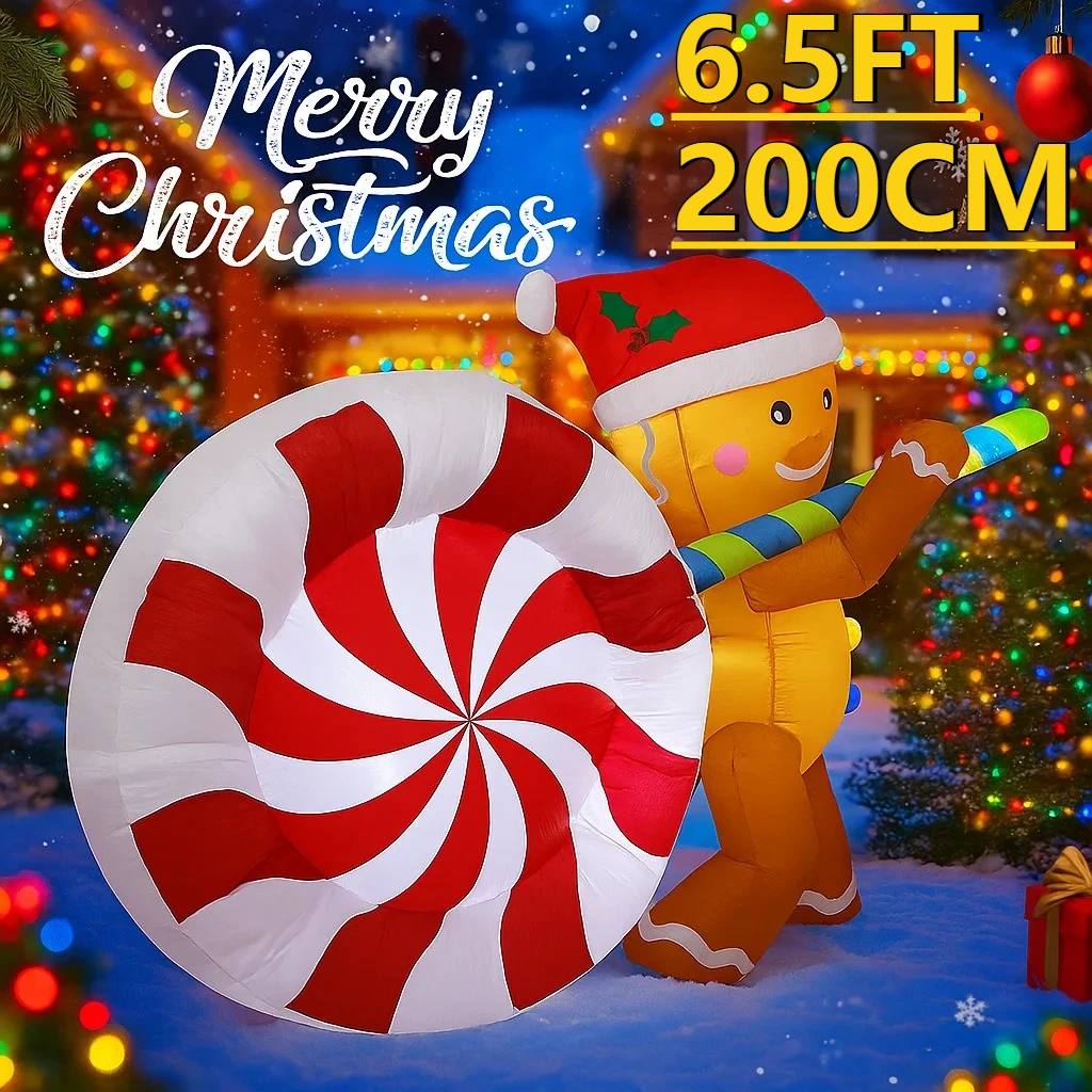 

6.5FT Christmas Holiday LED Inflatable Yard Decor Gingerbread Man Big Candy Cane Ornaments Supplies Gifts Lawn Patio Decor Prop