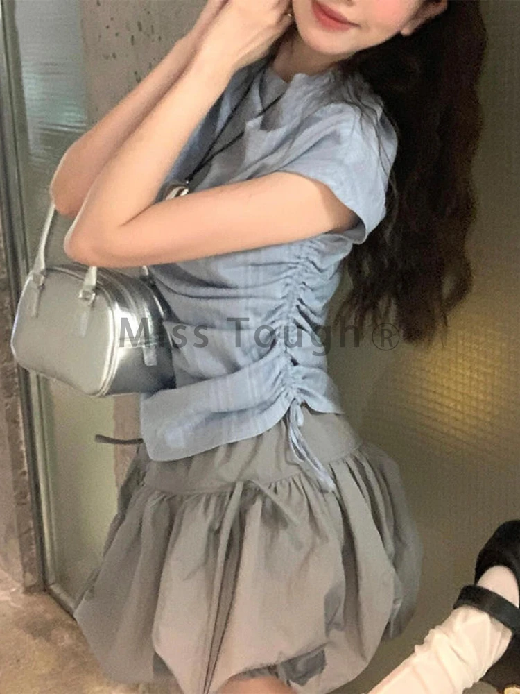 Japanese Blue Lace Up Bow Shirt Sets Women Summer Sleeveless New Slim Skirt Suit Half-high Collar Stripe Tops Mini Balloon Skirt