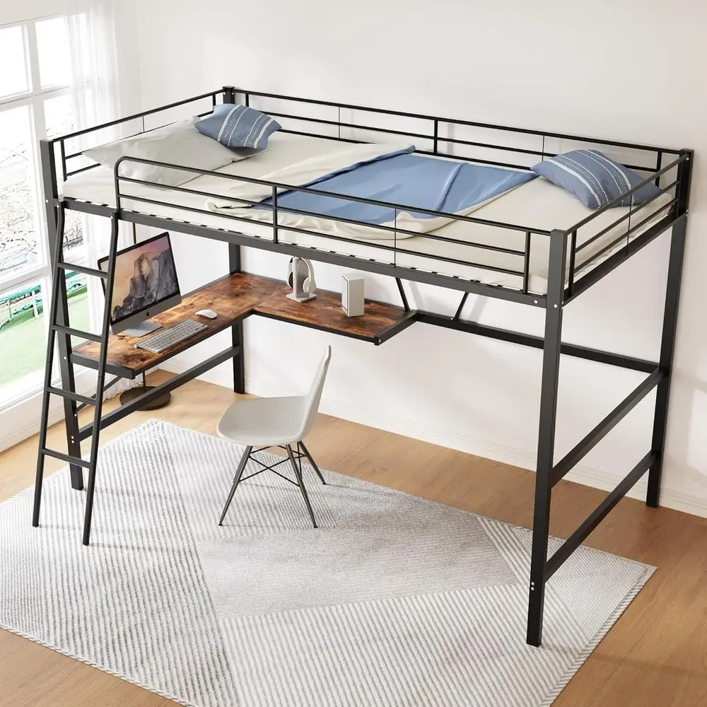 

90cm x 200cm Metal Bed with L-Shaped Desk, Suitable for Kids, Teens, and Adults, Black