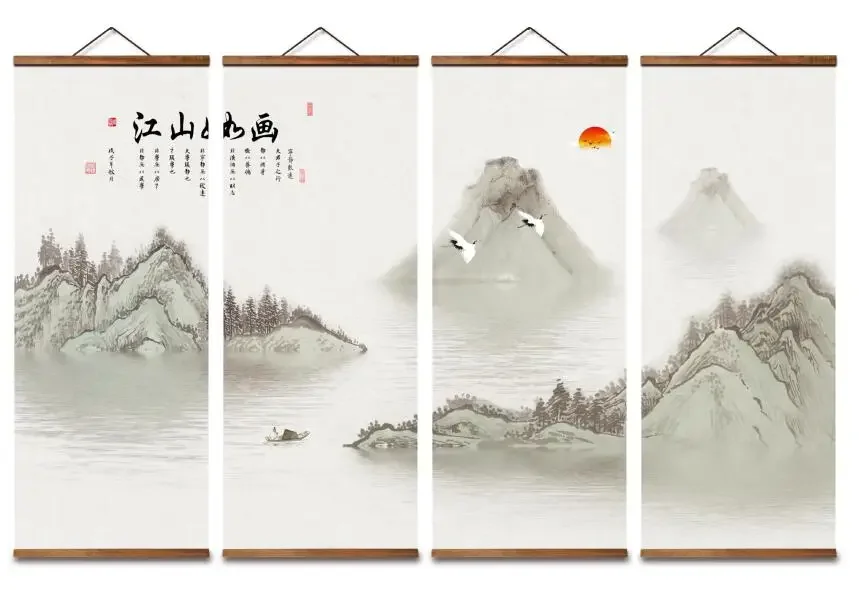 

MT0029 Chinese Style sunrise swallow fishing boat landscape Decorative Wall Art Canvas Posters Solid Wood Scroll Paintings