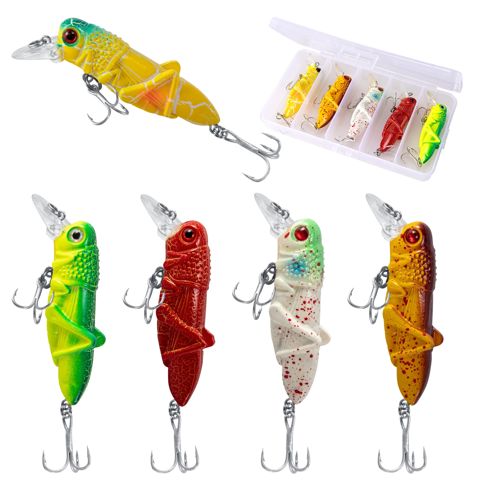 5pcs Grasshopper Crankbait Fishing Lures Topwater Bass Lure Hard Bait Double Treble Hooks Freshwater Lure 4g-10g