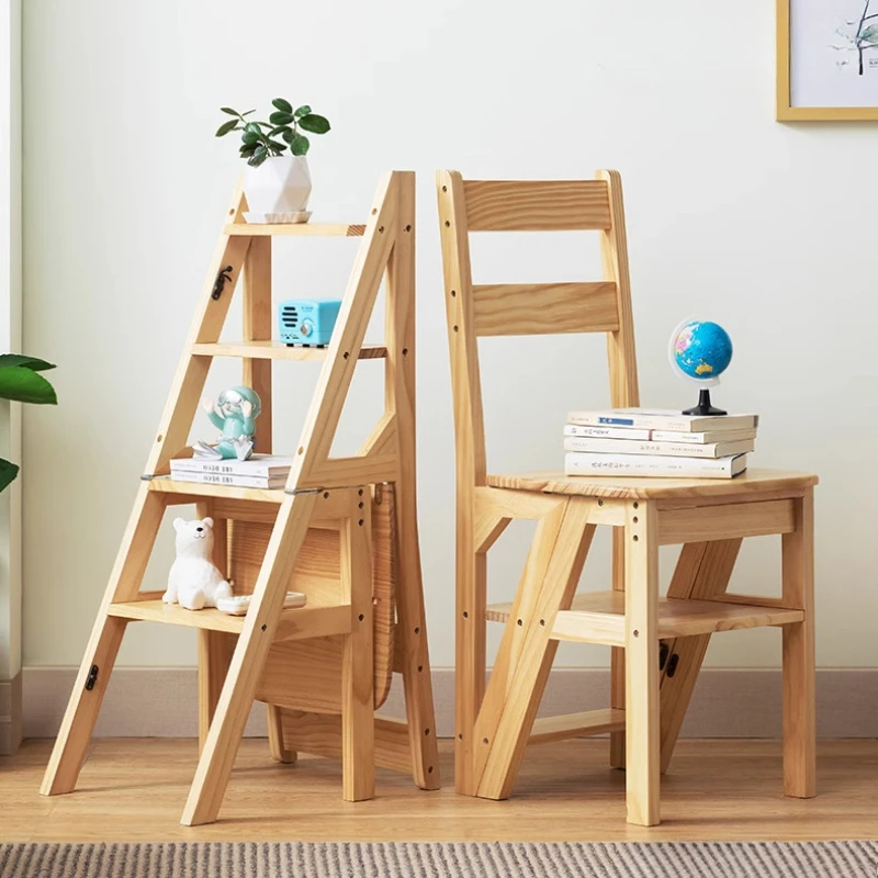 Solid Wood Ladder Chair Household Folding Dual-use Ladder Stool Indoor Climbing Pedal Stair Multi-function 4 Step Ladder