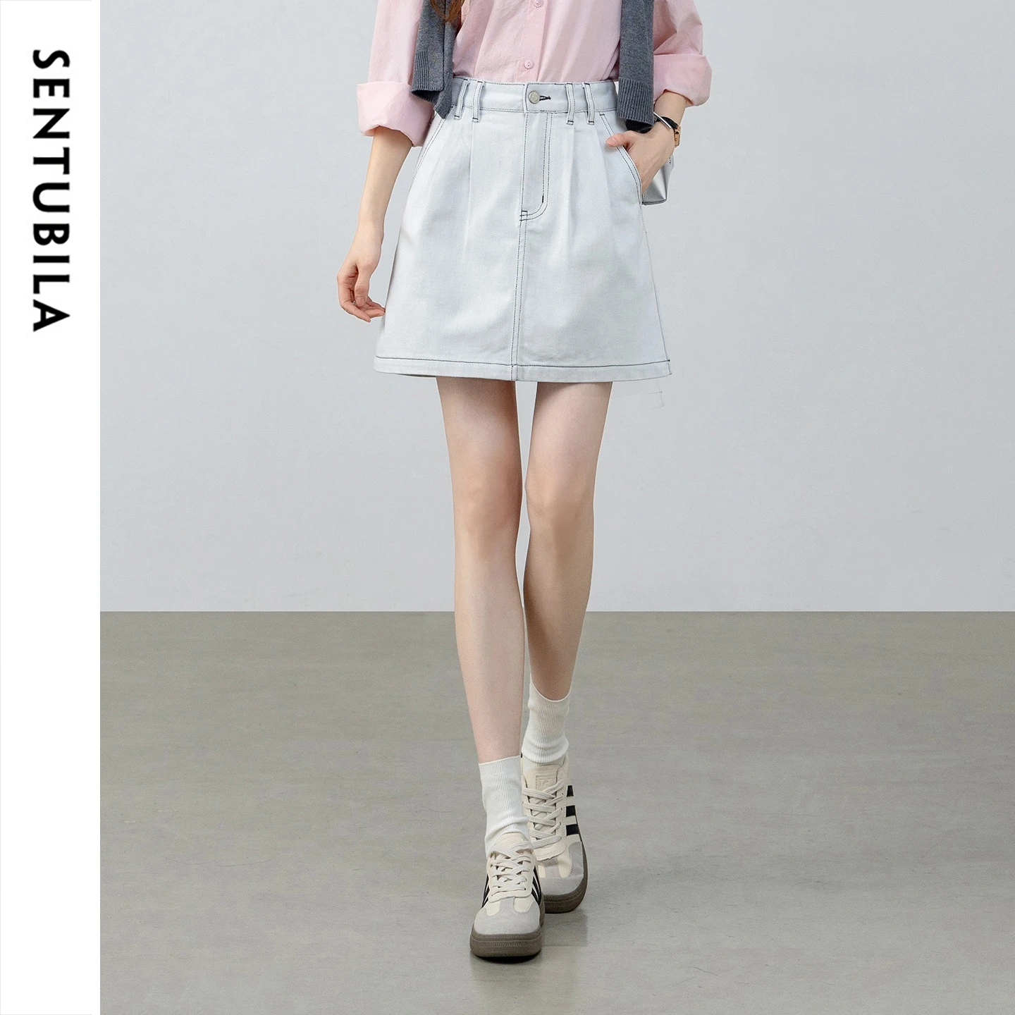 SENTUBILA Lyocell Denim Mini Skirt Women 2026 Vintage Color‑contrast Stitching High Waist A‑line Short Skirt Ladies W61QD6294
