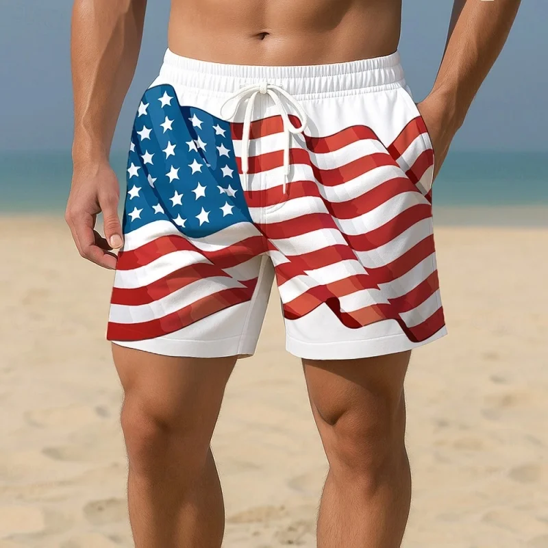 

Короткие брюки в полоску со звездами и 3D принтом для мужчин, пляжные шорты с американским узором, модные повседневные свободные уличные гавайские плавки для серфинга