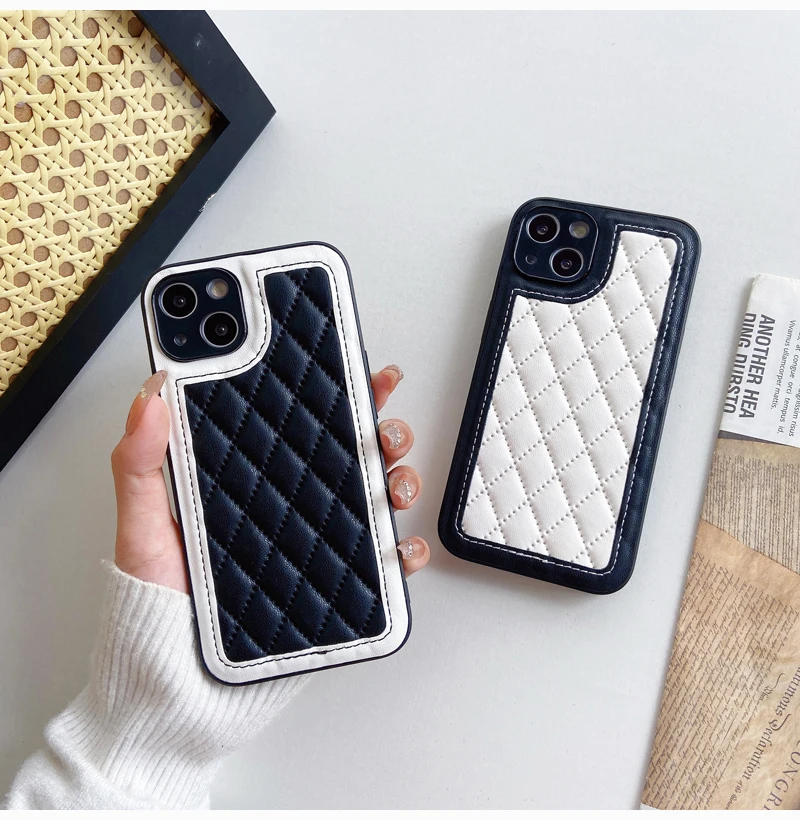 Black and White Leather Protective Phone Case, Fashionable Rhombic Grid Pattern, iPhone 16,15, 14 Plus,13, 12,11 Pro Max, Luxury