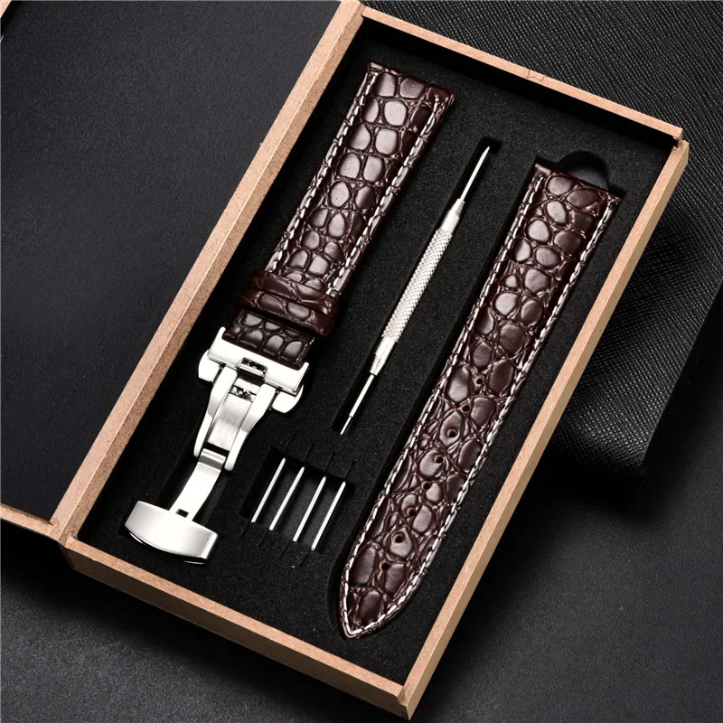 New Crocodile Pattern Watchband Classic Genuine Leather Strap 16 18 20 22 24mm With Stainless Steel Automatic Clasp Watch Band