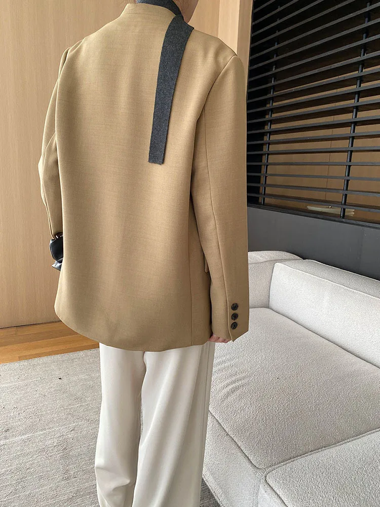 [EAM] Women Khaki Black Brief Big Size Elegant Blazer New V-neck Long Sleeve Jacket Fashion Tide Spring Autumn 2024 1DH6856