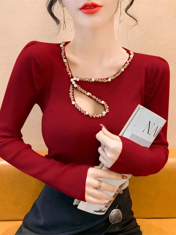 

Faionable Hollow out Sequin Knitted Base irt Women's Autumn Winter New Sle Slimming Overhead Sweater Small Top