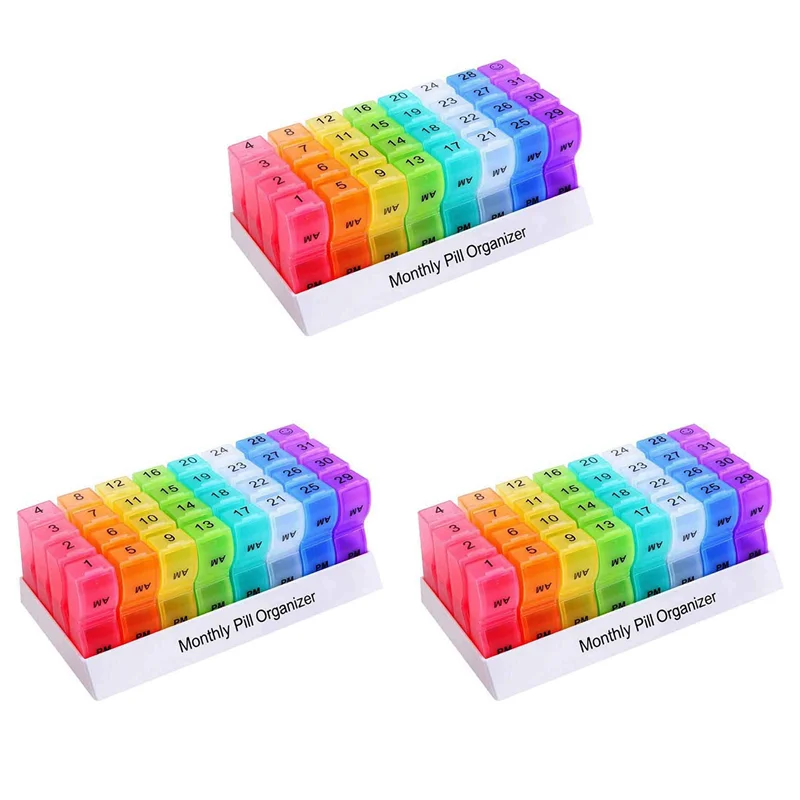 

3X Monthly Weekly Pill Organizer Boxes-AM/PM Daily,31 Day 32 Compartments Vitamins Medicaiton Medicine Reminder