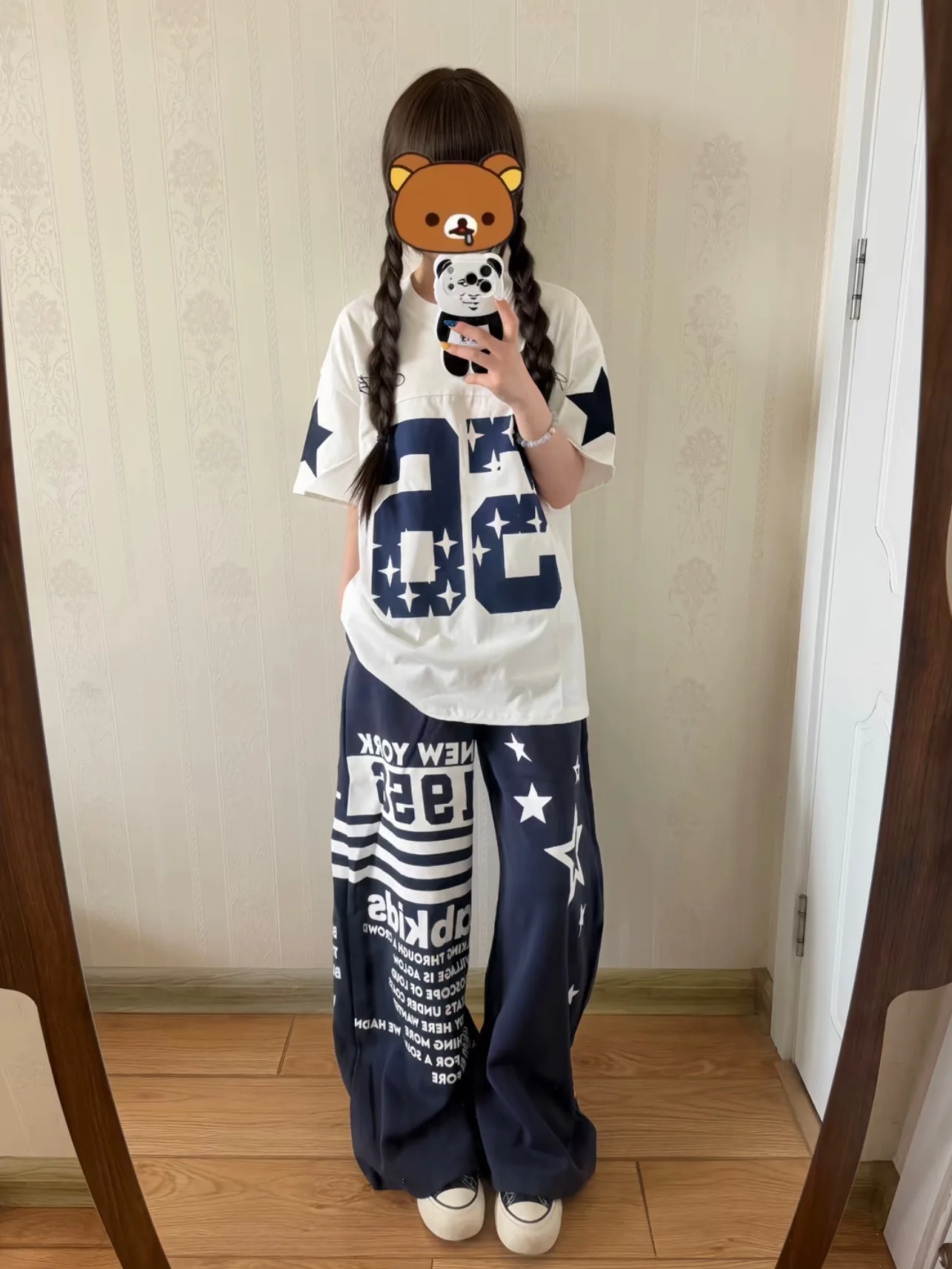 Retro American Hand-Painted Star Letter Short Sleeve T-Shirt Women Summer Loose Design Color Block round Neck Top