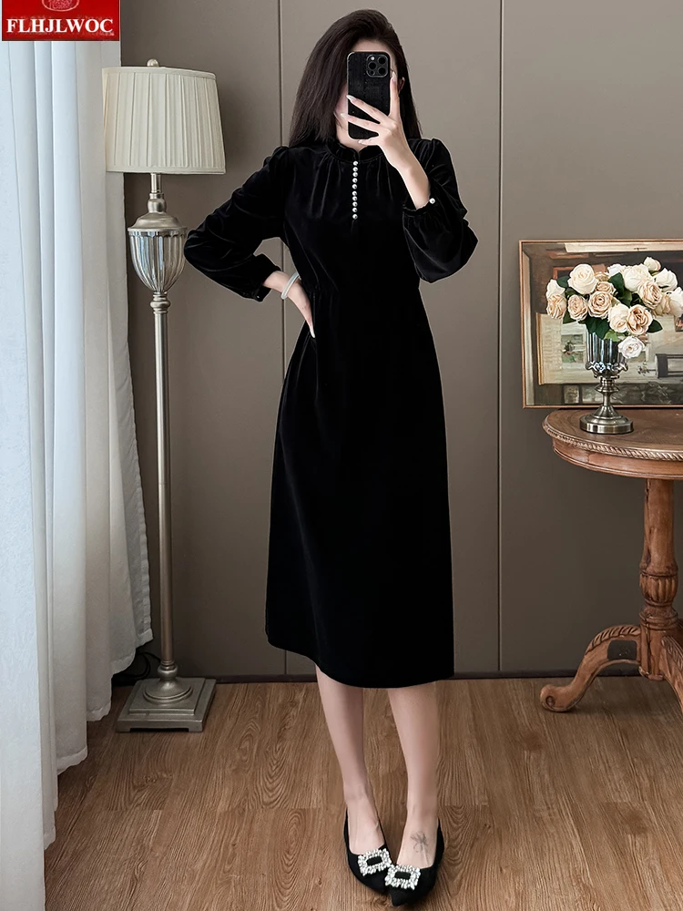 فساتين قميص أسود مخملي تصميم فرنسي ساخن امرأة السنة الجديدة بلينغ زر الوقوف طوق ريترو خمر فستان طويل فساتين المؤنث #5