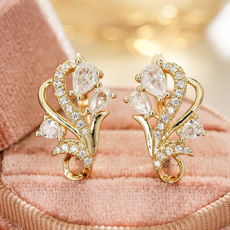 Huitan Gold Color Flower U Hoop Earrings for Women Aesthetic Luxury Wedding Earrings Sparkling Cubic Zirconia New Trendy Jewelry