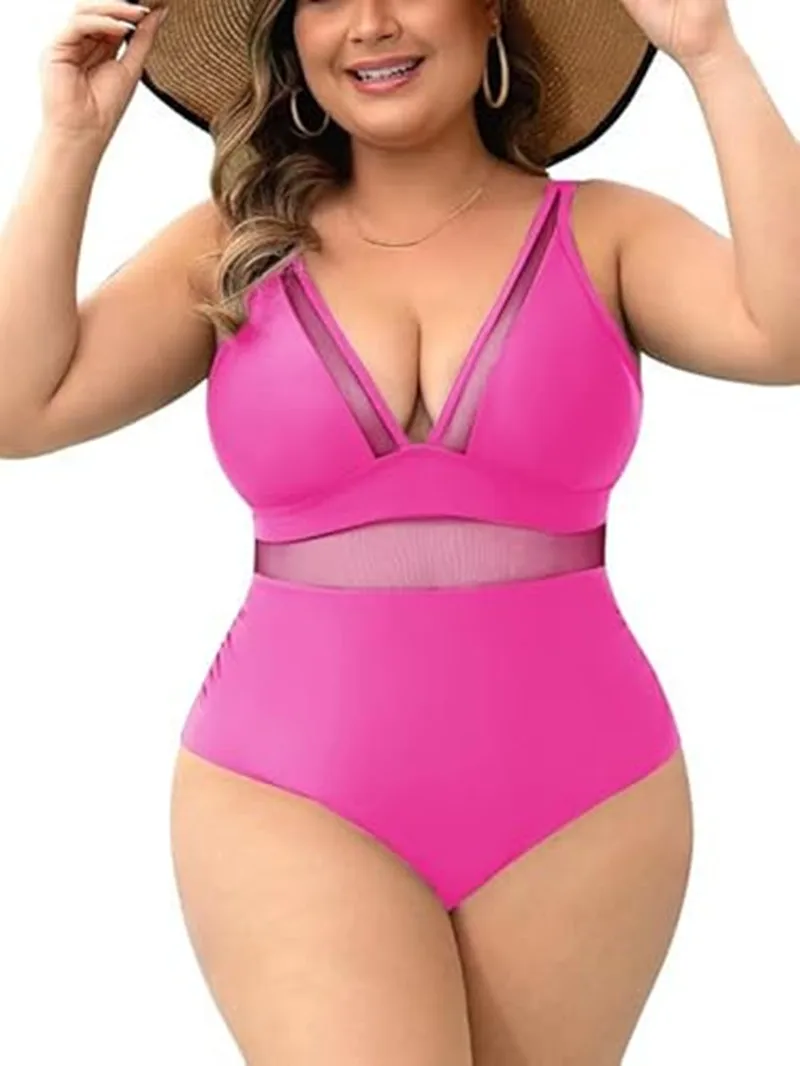 Plus Size One Piece Women's Swimsuit 2025 Sexy V-Neck Mesh Sheer Tummy Control Bathing Suit Push Up Monokini Swimwear
