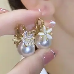 Luxury Crystal Flower Pendant Earrings for Women Temperament Pearl Dangle Earring Girls Party Wedding Jewelry Accessories Gift