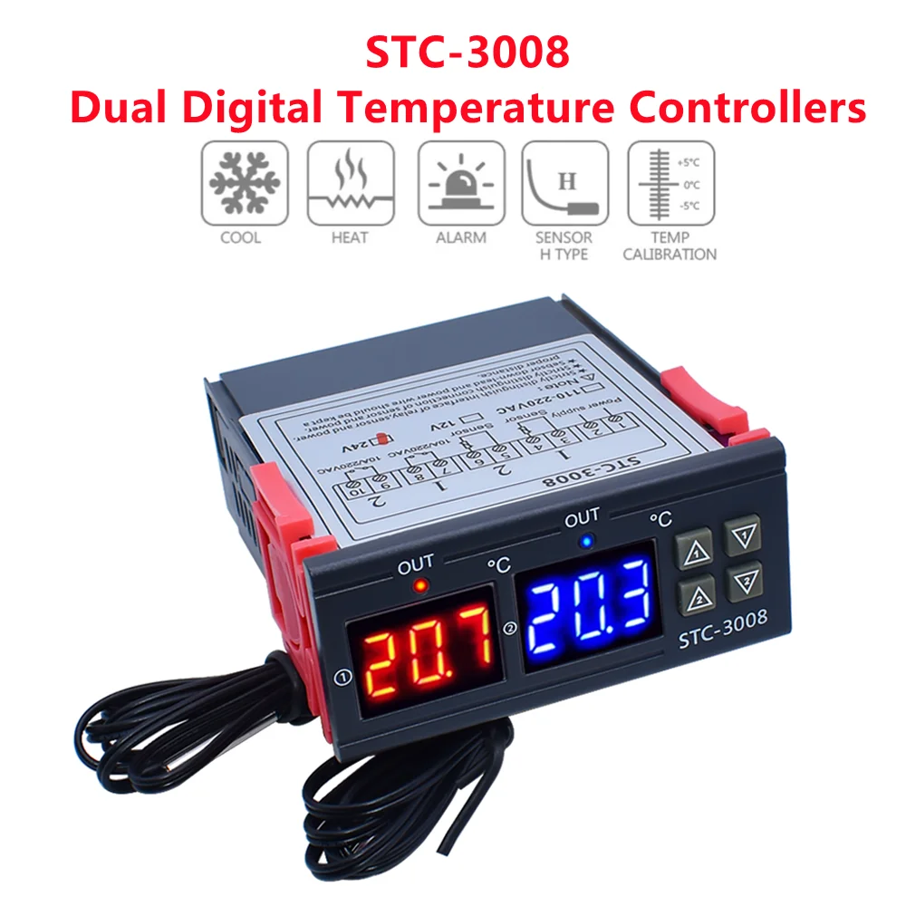 STC-3008 AC110-220V Controlador de temperatura digital duplo Regulador de temperatura com aquecedor e termostato refrigerador Saída de dois relés