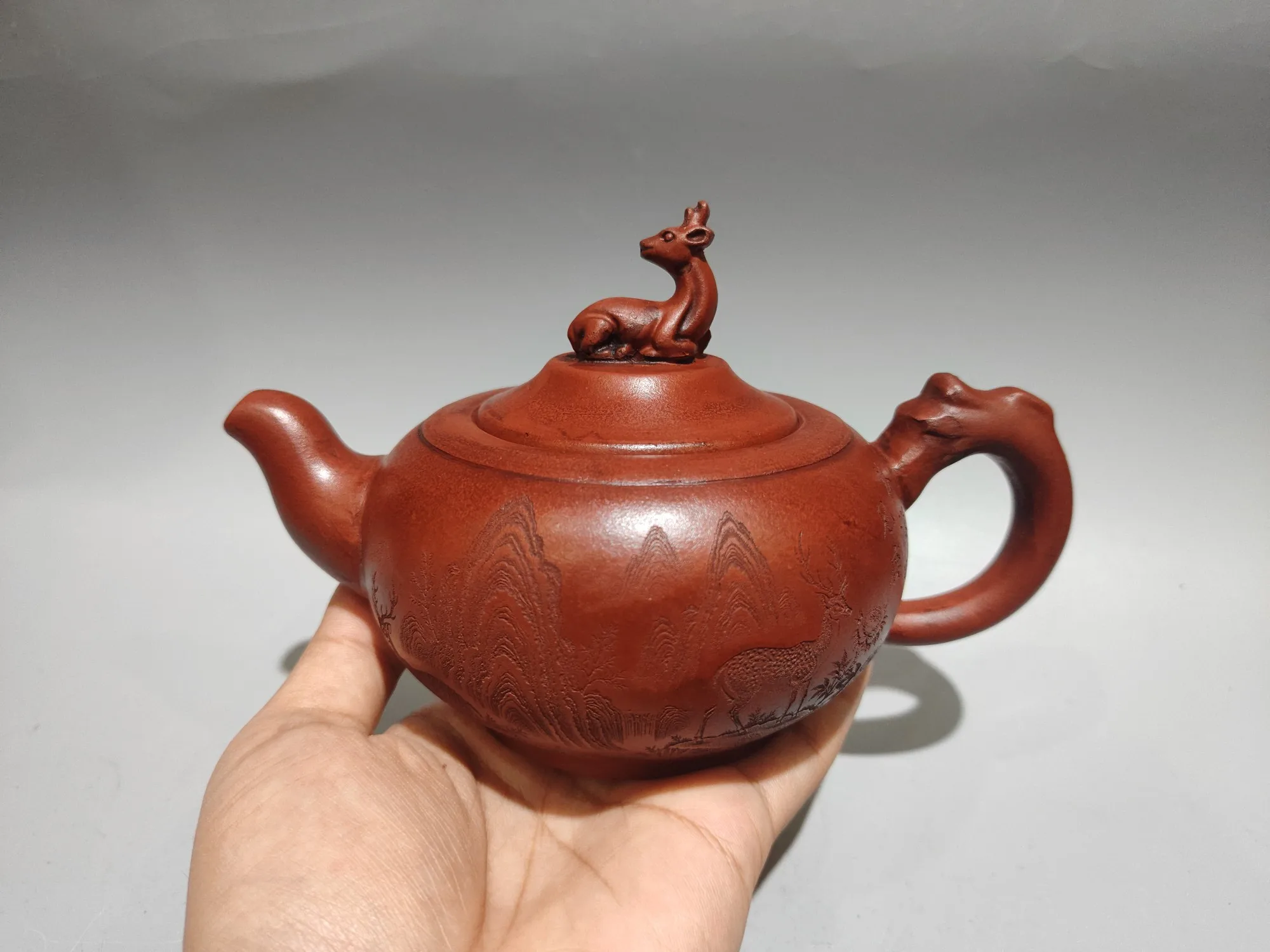 Yixing Purple Clay Teapot Deer statue cover Tree root handle pot Deep in the woods, one sees deer. Kettle Teapot Amass wealth
