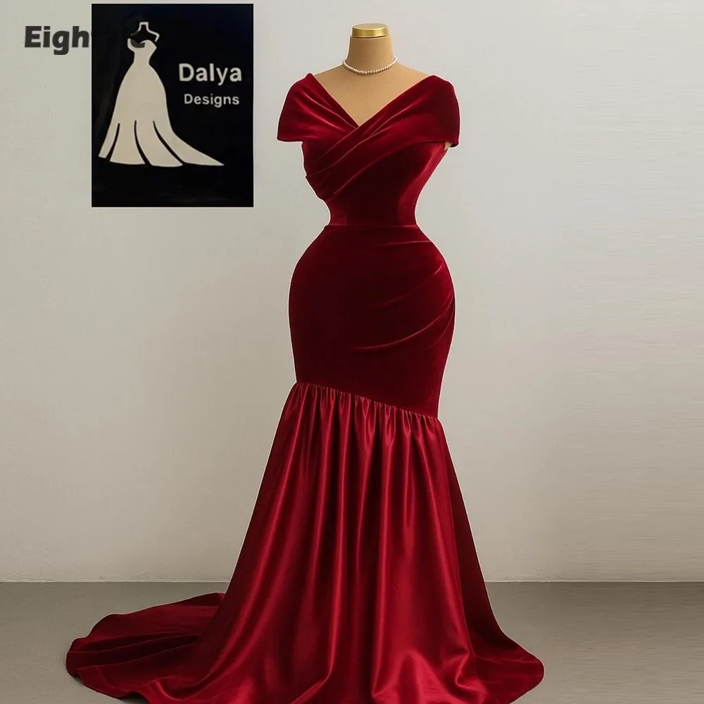 

Eightale Velvet Evening Dress for Wedding Party Customized V-Neck Burgundy Mermaid Plus Size Arabic Prom Gowns Robes De Soirée
