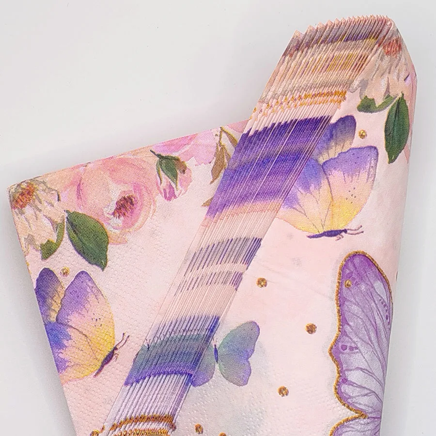 10/20 قطعة 33 سنتيمتر 2 طبقة الأرجواني فراشة الذهب تاج المطبوعة المناديل جو الحفلات الوردي ورقة DIY Decoupage ورقة #5