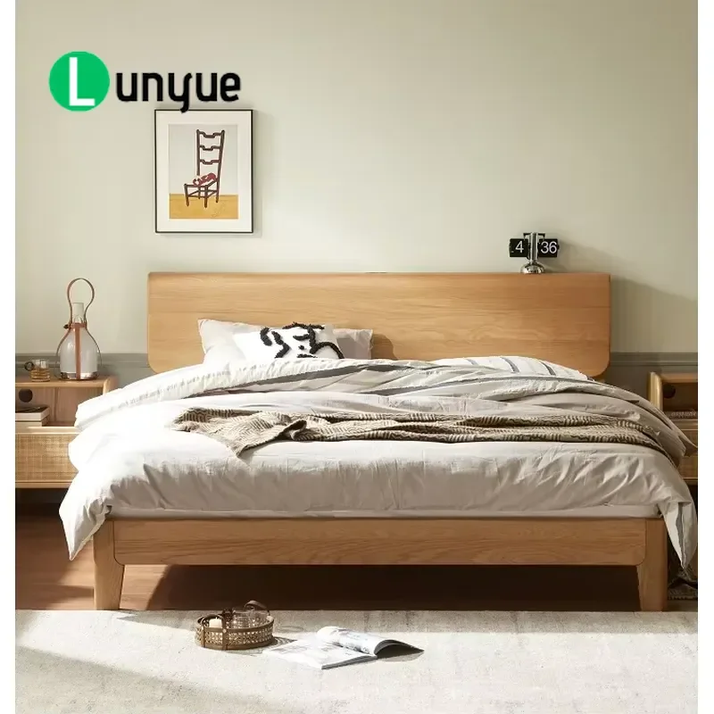 Modern Solid Oak King Bed Wooden Double Bed Frame with Low Plank for Bedroom Furniture Durable Natural Wood Sleep System