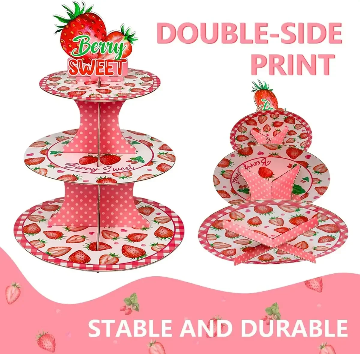 Funmemoir Strawberry Themed 3 Tier Cupcake Stand Berry Sweet Birthday Party Decoration Dessert Cupcake Holder Stand for Girls