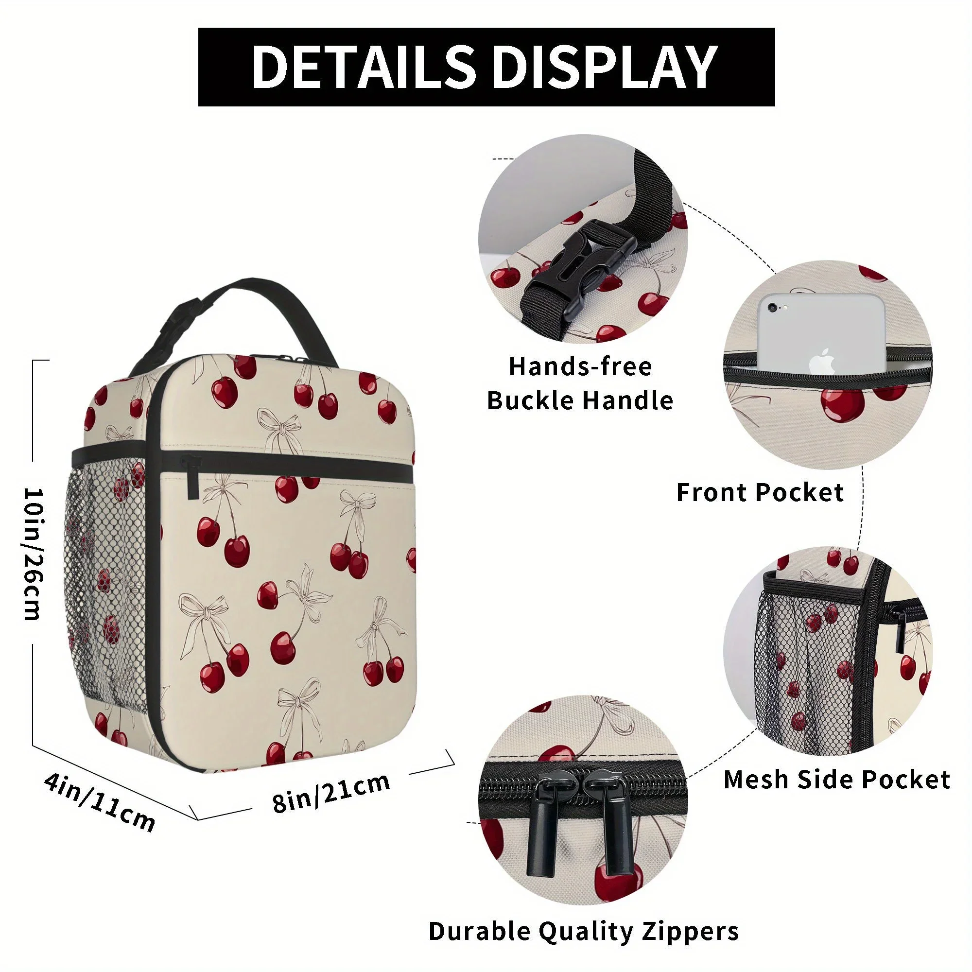 1pc, Cherries with Bows Pattern Design Printed Thermal Bag Insulation and Refrigerated Reusable Portatile for Home Restaurant Of