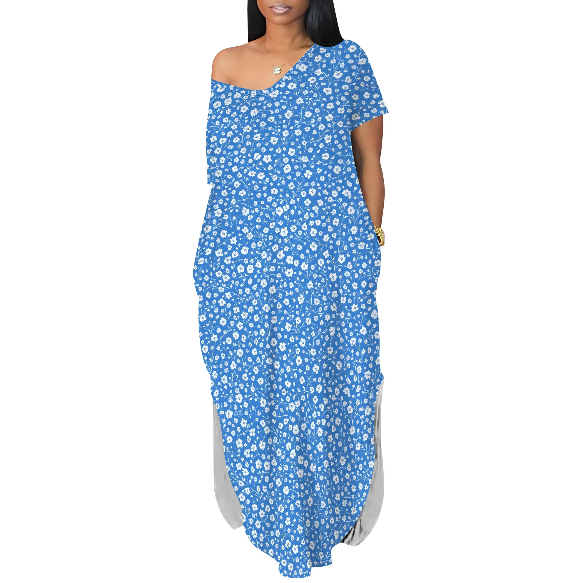 ผู้หญิงฤดูร้อนลําลองแขนสั้น V คอ TShirt ชุดยาวหลวมด้านข้างแยก Beach Maxi Dresses พร้อมกระเป๋า